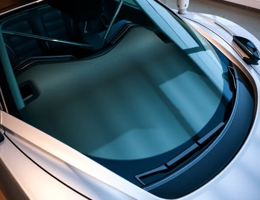 A high-quality image depicting a McLaren car with a replaced windshield. The car should be parked on a clean, well-lit surface, possibly a showroom or a professional garage. The replaced windshield should be seamlessly integrated with the original, showcasing the quality of the replacement. Focus on the details of the windshield and the car's exterior.