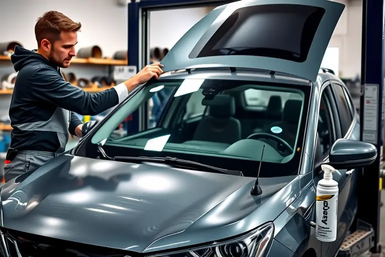A detailed workshop scene showing a mechanic in a jumpsuit carefully removing and installing a new windshield on a Cupra Formentor 1.5 TSI 150 hp (2020). The car is positioned on a lift, with the old windshield partially removed and a new clear glass panel ready for installation. Tools such as a suction cup, a glass cutter, and a spray bottle are visible. The background shows a clean garage with shelves of automotive parts. The lighting is bright and focused on the car. No text or numbers should appear.