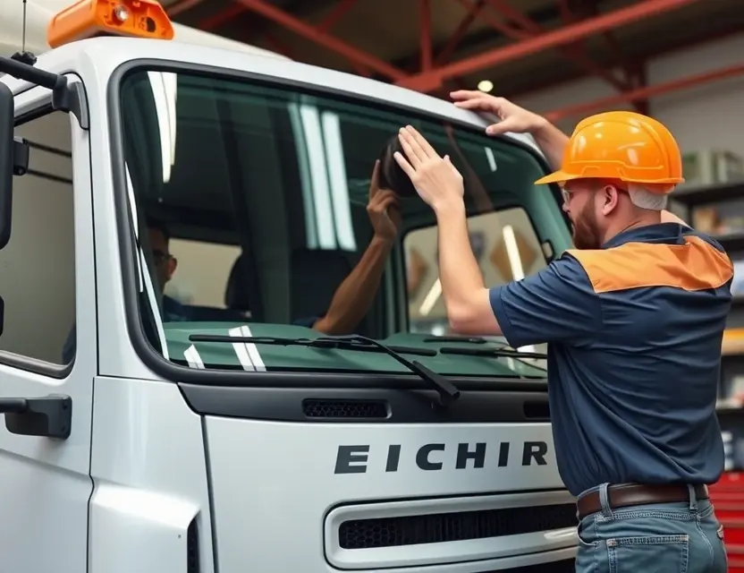 Замена лобового стекла Eicher Terra 15 A professional mechanic replacing the windshield of an Eicher Terra 15 truck. The scene should include the truck with its hood open, the mechanic wearing safety gear, and the new windshield being carefully installed. The setting should be a well-lit workshop with appropriate tools and equipment around.