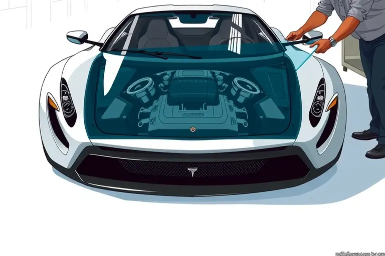 A high‑detail illustration of a Zagato 378 GT sports car with a 6.2 L V8 GM LS3 engine, showing the front of the vehicle with the windshield removed and a mechanic’s hands holding a new windshield ready for installation, realistic lighting, focus on the car’s sleek lines and the replacement process, no text or logos