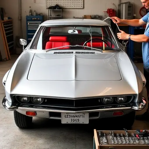 A classic 1965 Avanti II 5.0 L V8 200 hp car with its windshield being replaced. Show the front of the car, the old windshield removed, a new windshield being installed, a mechanic's hands and tools on a workbench, with a clean, detailed, high-quality depiction.