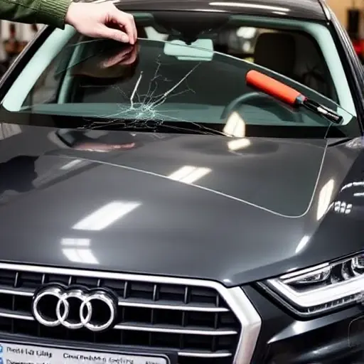 A close-up of a mechanic carefully removing and installing a new windshield on an Audi Q3 1.4 TFSI 150 hp (2011–2018). The image shows the car's front, the old cracked glass being lifted, the new clear glass being fitted, with tools and a protective film visible. The focus is on the precision of the replacement, highlighting the Audi Q3's distinctive front grille and headlamps.