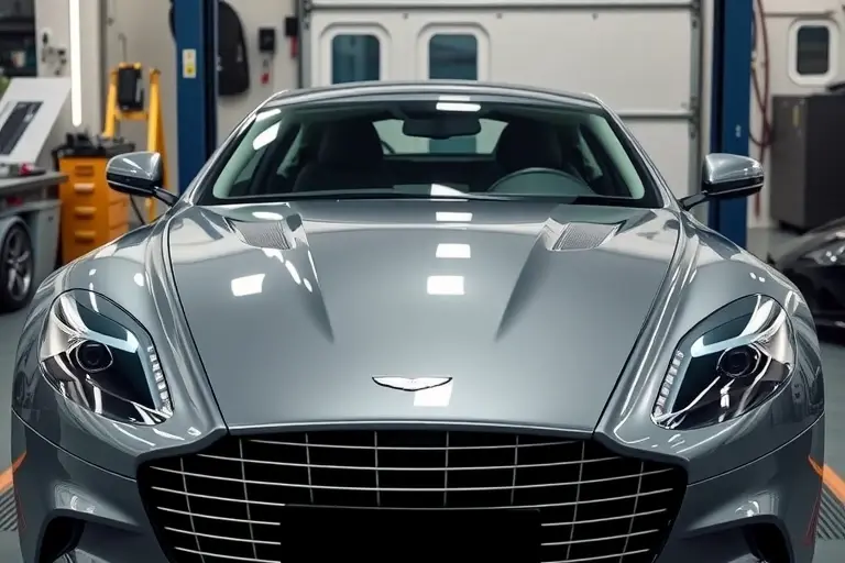 A professional garage scene showing a sleek Aston Martin Rapide with its front windshield being carefully removed and a new glass being installed, mechanic's hands and tools visible, clean lighting, realistic details, no text or logos