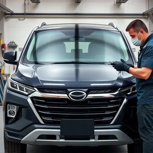 A detailed, high-resolution image of a mechanic replacing the windshield on a Beijing BJ60 2.0 Turbo 267 hp + 48V hybrid SUV. The scene shows the vehicle's front side in a garage, with the old windshield partially removed and a new windshield being fitted. The mechanic is wearing gloves and a protective mask, holding the new glass. The background is a clean workshop with tools and a workbench. The focus is on the vehicle and the replacement process, with realistic lighting and shadows.