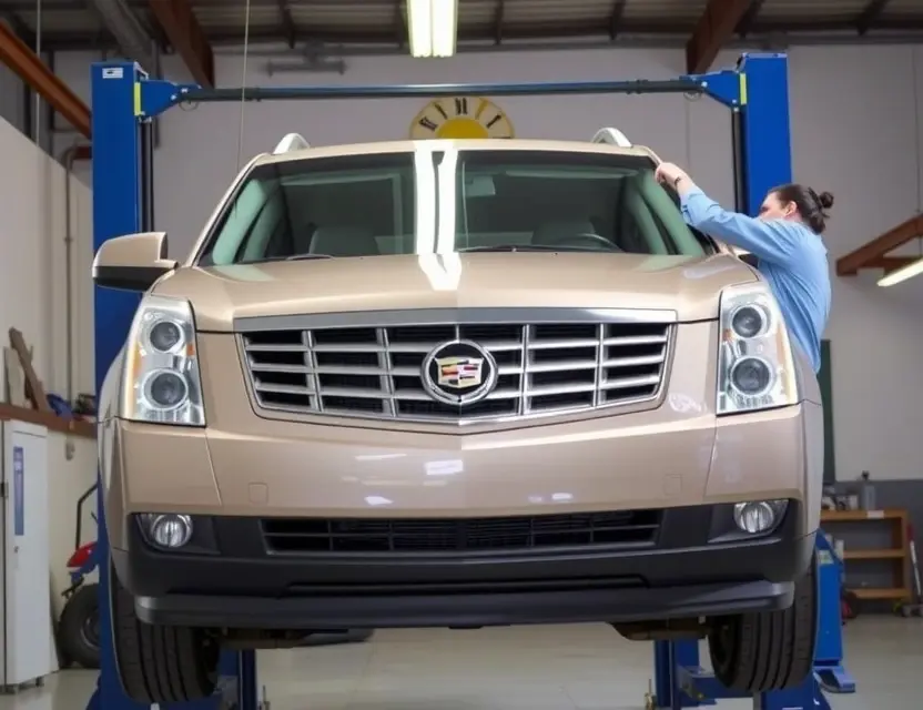 A high-quality, realistic image of a Cadillac SRX with its front windshield being replaced by a technician in a professional auto glass shop. The car is elevated on a lift, the old windshield is removed, and the new glass is being carefully installed. The scene is well-lit, clean, and focused on the vehicle and the installation process, with no people's faces clearly visible.