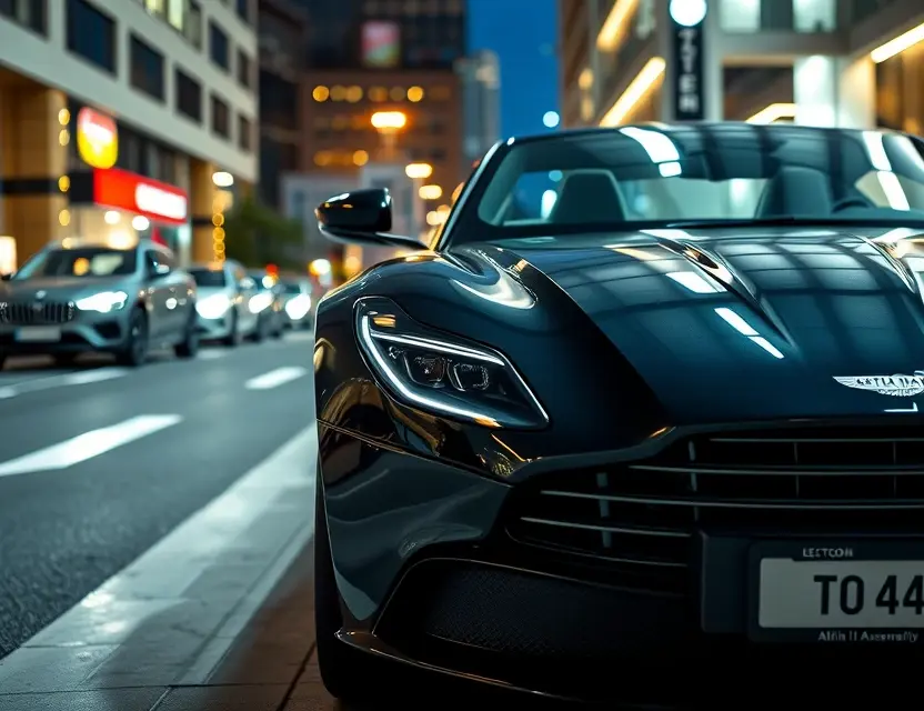 A high-quality, realistic image of an Aston Martin DB11 parked on a sleek urban street at night, with a close-up focus on the front windshield being replaced by a professional technician in a clean, modern auto glass repair shop setting. The scene should emphasize precision, luxury, and advanced technology, with subtle reflections of city lights on the glass. No text, logos, or numbers visible on any surfaces.