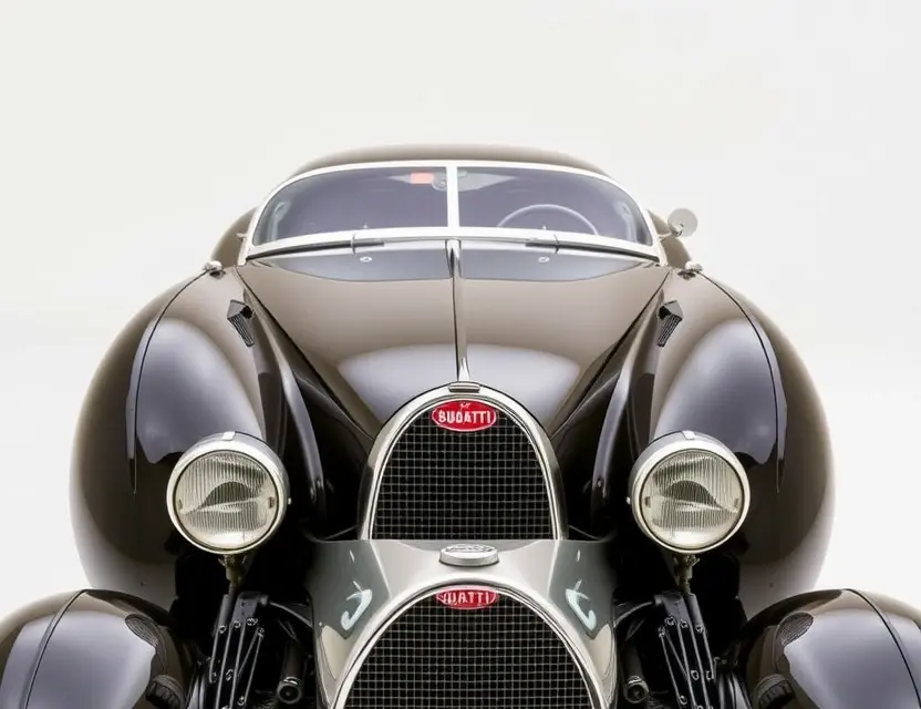 A Bugatti Type 35 with a replaced windshield, showcasing the new glass. The car should be in a studio setting with a clean, neutral background. Focus on the clarity and quality of the replacement windshield.