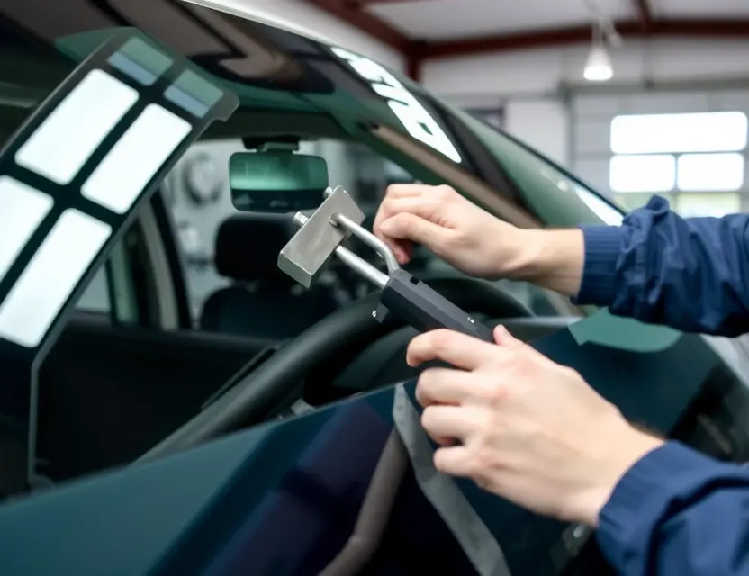 A close-up shot of a windshield being replaced by a technician. The windshield replacement process should be clearly visible, showing the tools and the technician's hands working on the glass. The background should be a garage or workshop setting.
