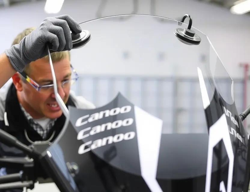 A close-up shot of a Canoo MPDV windshield being replaced by a technician. The technician is wearing safety glasses and gloves, and the windshield is being held in place with suction cups. The background is a clean, well-lit garage.
