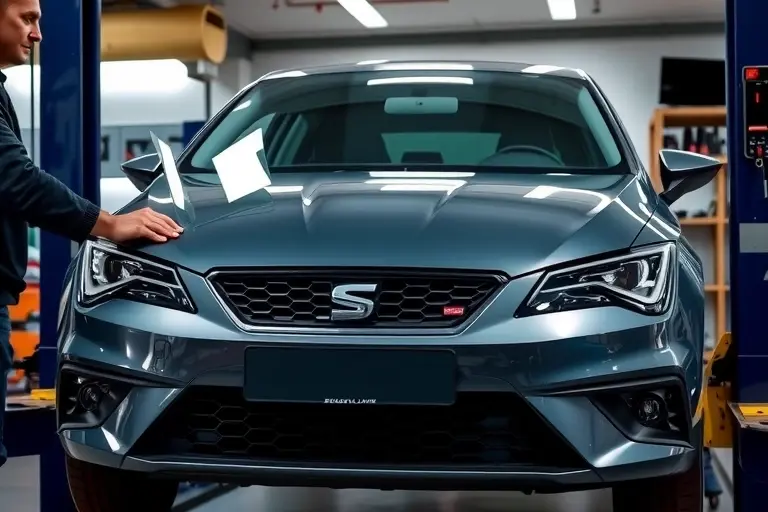 A detailed workshop scene showing a mechanic carefully removing the old windshield from a 2020 SEAT Leon 2.0 TSI 310 hp and installing a new one. The car is positioned on a lift in a well-lit garage. The mechanic's hands are visible, holding a new windshield, with tools and a protective cover nearby. The focus is on the car's front, the windshield area, and the replacement process, with no text or logos in the image.