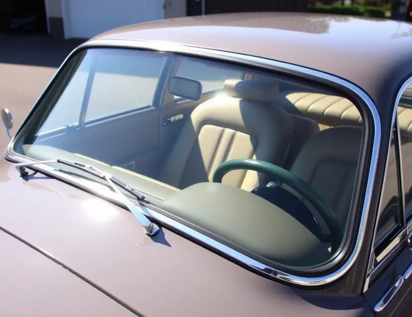 A Daimler Double Six with a replaced windshield, showcasing the new glass. The car is parked outdoors on a sunny day. Focus on the clarity and quality of the replacement windshield.