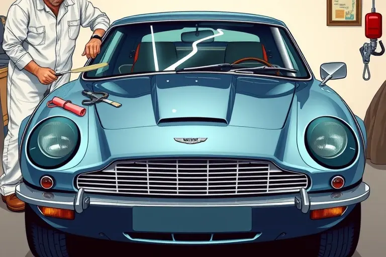 A high‑detail illustration of an Aston Martin DB6 (4.0 L R6 Vantage, 325 hp) in a classic garage setting, focusing on the front of the car with the windshield being removed and a new glass ready to install. Show a professional mechanic in clean workwear handling the glass, with tools such as suction cups, a rubber mallet, and a protective blanket. Emphasize the sleek lines of the DB6, the curvature of the new windshield, and subtle reflections on the polished metal. The scene should convey precision and craftsmanship, with realistic lighting and a neutral background.