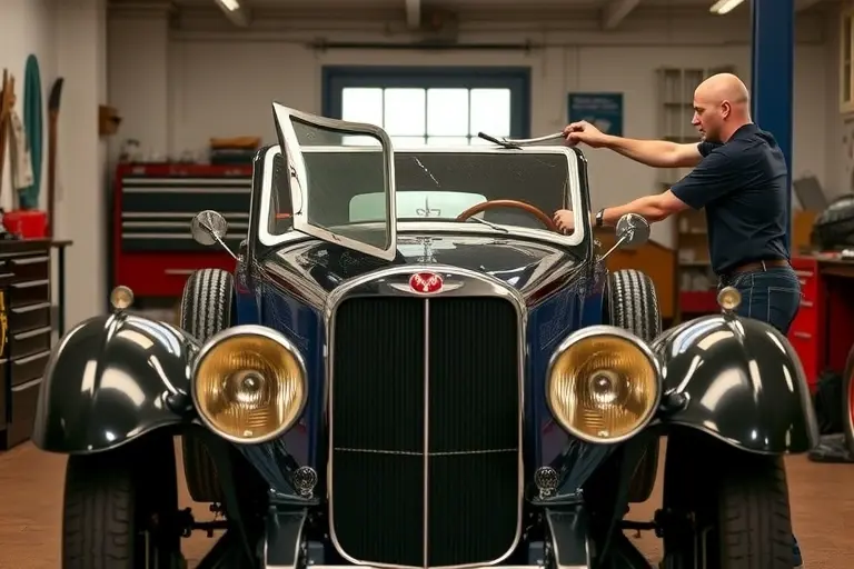 A vintage 1930s Alvis Firebird automobile with its front windshield being carefully removed and replaced by a mechanic in a classic workshop setting, showing the car's elegant body lines, period-appropriate tools, and a clean, well-lit environment