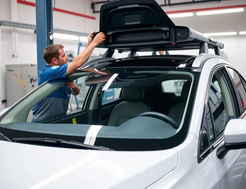 A car repair shop scene showing a technician carefully replacing the windshield of a Voyah Free electric SUV, with professional tools and safety equipment visible, clean and well-lit environment, no people in the background, focus on the windshield replacement process