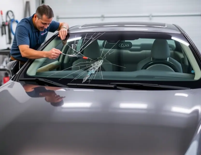 A Lexus ES with a cracked windshield being replaced by a technician. The car is parked in a garage. Focus on the replacement process and the technician's tools.