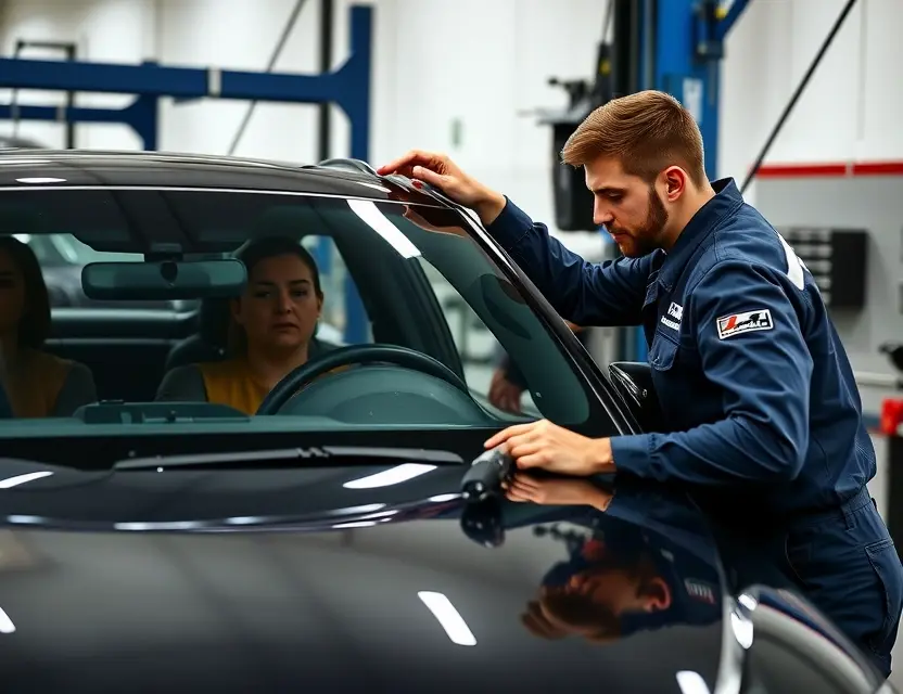 A high-quality image of a professional automotive technician replacing the windshield of an Alpina XB7, with modern tools and equipment visible, clean workshop background, no people other than the technician, no text or logos