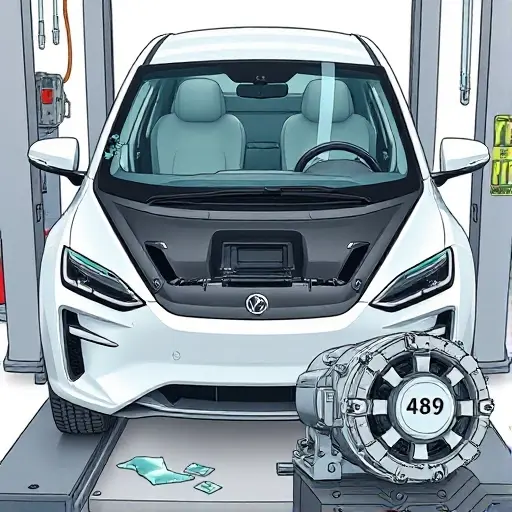 A detailed, realistic illustration of a Voyah Free EREV 1.5T electric vehicle undergoing windshield replacement. Show the car on a service lift with the front glass removed, technicians' hands and tools visible but no faces, and the electric motor labeled 489 positioned nearby for reference. Emphasize the sleek design of the car, the glass fragments, and the high‑tech motor components, all rendered in a clean, high‑definition smallHQ style.