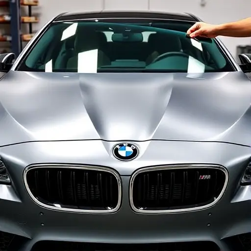 A close-up of a BMW M5 F10 (2011–2016) with a new front windshield installed, showing the clear glass, the car’s front grill, and a mechanic’s hands holding a replacement glass panel. The scene should emphasize the precision of the fit and the sleek lines of the vehicle, with a neutral background and proper lighting to highlight the glass clarity.