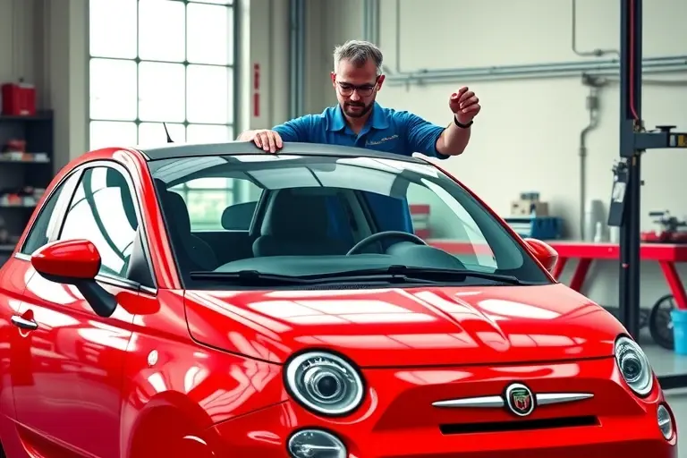 A sleek red Abarth 500 (2015 model) parked in a professional auto workshop, a mechanic in a blue jumpsuit and safety glasses carefully removing the cracked windshield and holding a new windshield ready for installation, tools and a clean workbench visible, bright natural lighting, realistic high-detail illustration