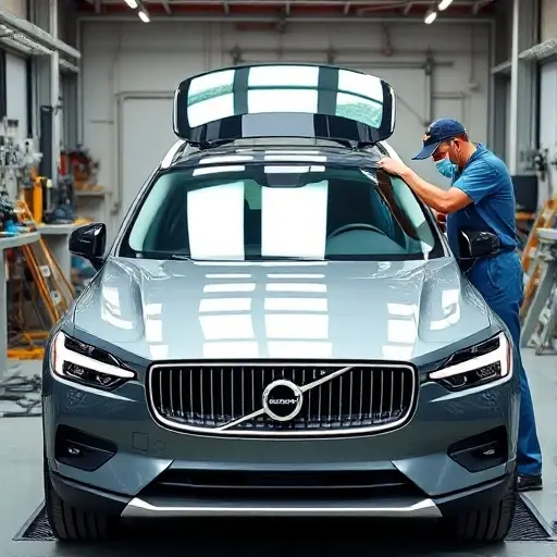 A Volvo EX90 electric SUV in a workshop, with a professional mechanic carefully removing the old windshield and installing a new one. The scene shows the car's front, the windshield glass, tools, and safety equipment, focusing on the replacement process.