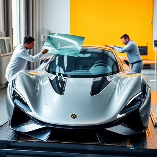 A sleek, futuristic electric supercar resembling the Yangwang U9 from 2024, shown in a modern automotive workshop. The car is positioned on a lift with its front end raised, and a technician in a clean uniform is carefully removing the damaged windshield using specialized tools. The focus is on the car's smooth body lines, the partially detached glass, and the high-tech environment, with bright, natural lighting highlighting the metallic surfaces. No text, logos, or extraneous objects are visible.
