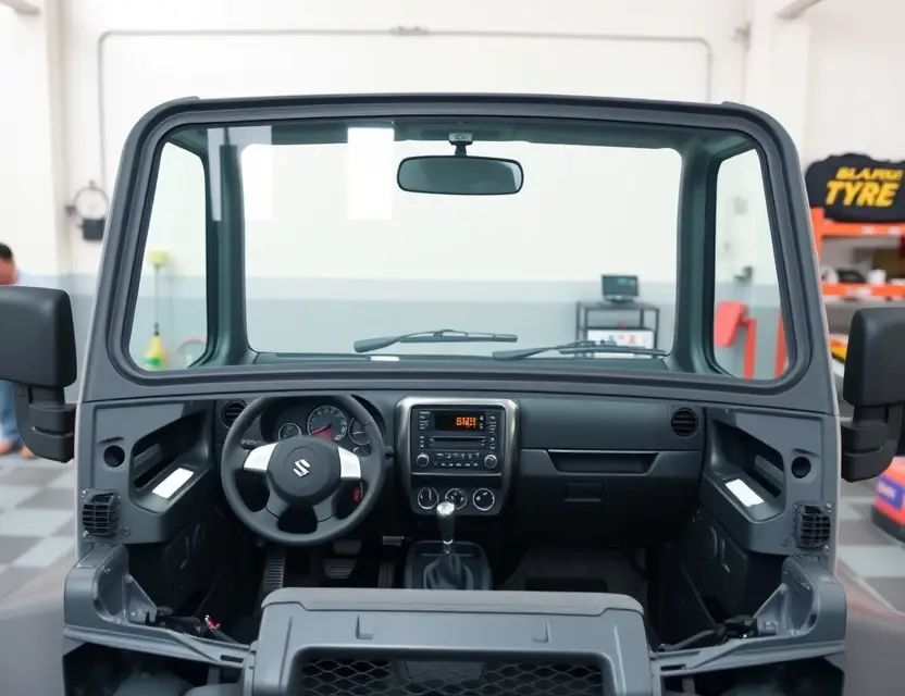 A high-quality, realistic image of a Suzuki Jimny with its front windshield removed, showing the empty frame and the vehicle's interior dashboard, set against a clean, neutral background in a professional automotive workshop environment, with no people or tools visible