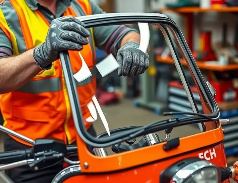 A close-up shot of a Puch G windshield being replaced by a mechanic. The mechanic is wearing a safety vest and gloves. The windshield replacement process is visible, showing the old windshield being removed and the new one being installed. The background is a garage setting with tools and equipment.