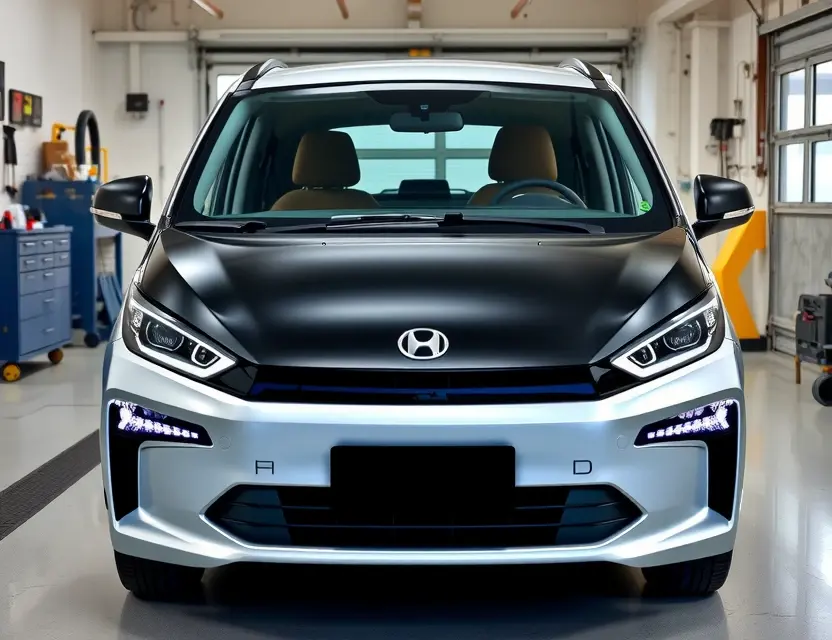 Замена лобового стекла Dongfeng Fengshen E70 A Dongfeng Fengshen E70 electric car with a newly replaced front windshield, viewed from the front angle, clean and well-lit garage setting, no people, no tools, no text or labels