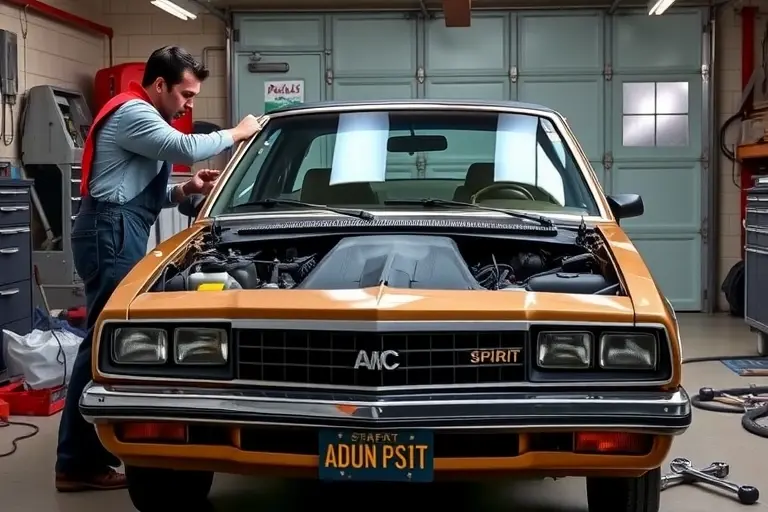 A classic 1979-1983 AMC Spirit with a 5.0 L V8 engine parked in a garage, a mechanic in work overalls carefully removing the old windshield and installing a new clear windshield. The scene shows the car's front end, the open hood, and automotive tools such as a suction cup, wrenches, and a glass cutter, with a realistic, high‑detail rendering and a focus on the vehicle and the replacement process.