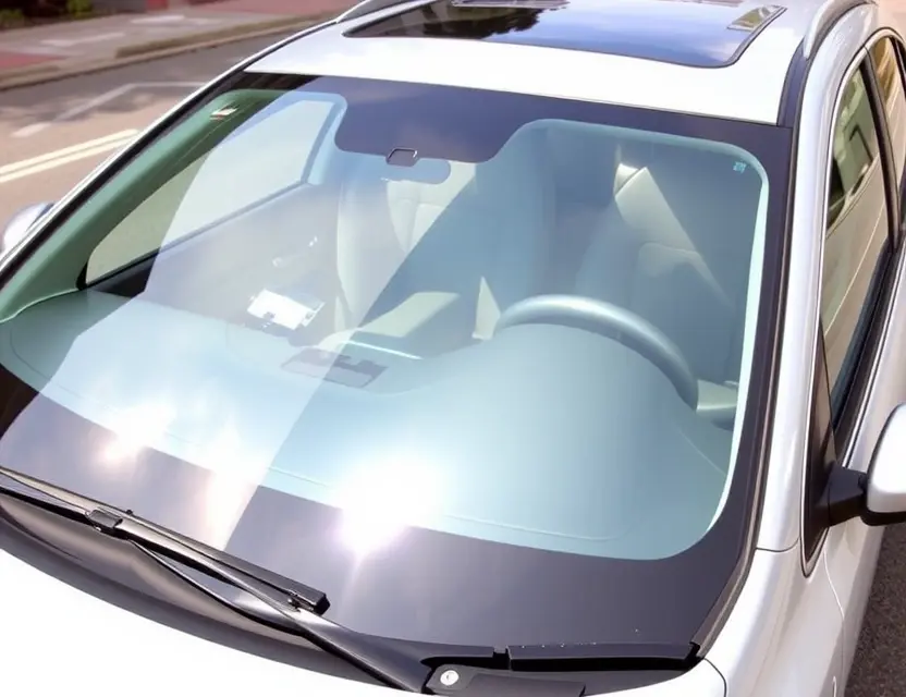 A Geometry E car with a replaced windshield, showing the new windshield clearly. The car is parked on a clean, bright street.