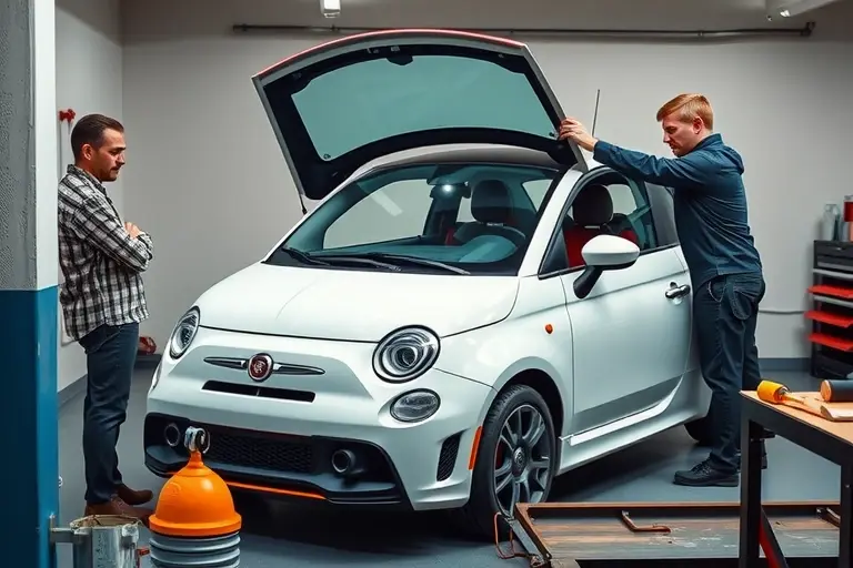 A detailed, realistic scene of an Abarth 500 (2008 model) in a workshop, with a mechanic carefully removing the old windshield and installing a new one. The car is centered, showing its compact shape and distinctive design, with the open windshield frame visible. Tools such as suction cups, a rubber mallet, and a windshield removal tool are on a workbench nearby. The garage has a clean, well-lit environment with a neutral background, focusing on the car and the replacement process. No text, logos, or unrelated objects are present.