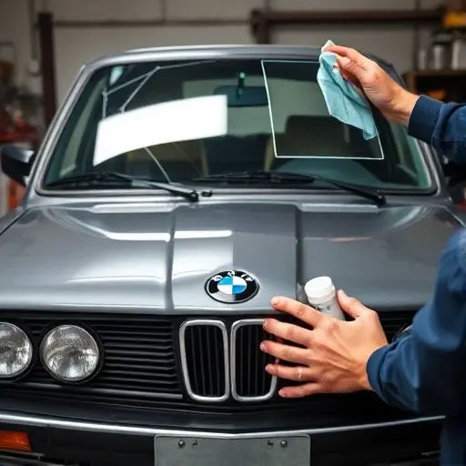 A mechanic in a garage is replacing the windshield on a classic BMW 3er E21 (1977-1983) 2.3L 143hp. The image shows the car's front, the old cracked windshield being removed, the new clear glass being fitted, with tools such as a suction cup, a glass cutter, and a cleaning cloth. The focus is on the hands, the glass, and the car's front fascia, with a subtle workshop background.