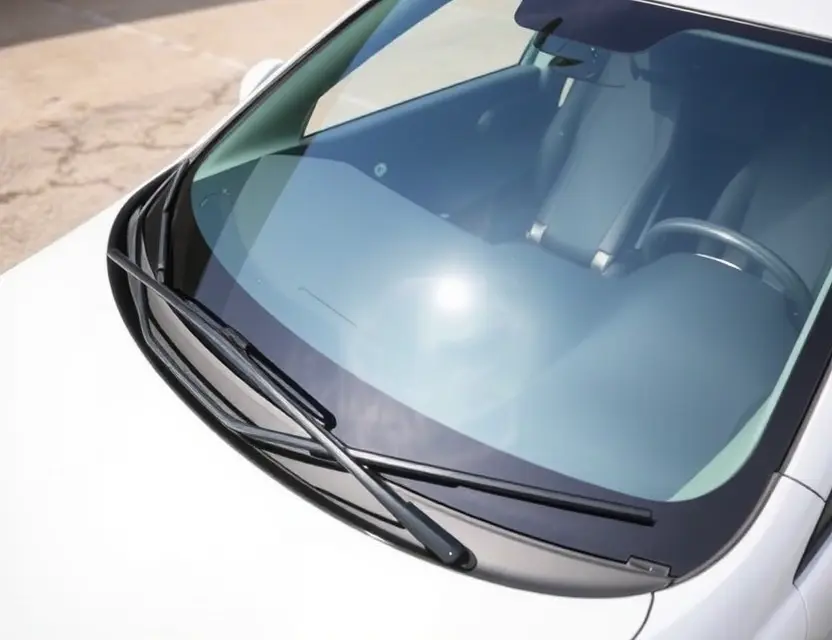 A Tazzari car with a replaced windshield, showcasing the new glass. The car should be parked on a clean, well-lit surface. Focus on the clarity and quality of the replacement windshield.