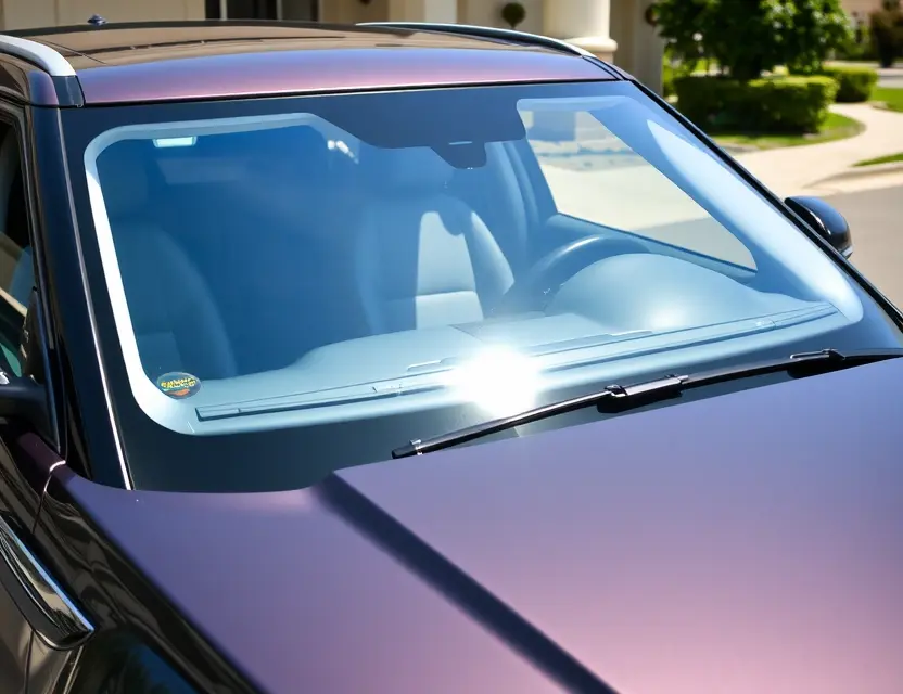 Замена лобового стекла Range Rover Evoque A Range Rover Evoque with a replaced windshield, showing the new windshield installed. The car is parked outdoors on a sunny day. Focus on the replacement process and the new windshield's fit.