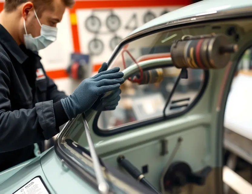 A close-up shot of a Simca 1000 car windshield being replaced by a mechanic. The mechanic is wearing gloves and a safety mask. The windshield replacement process is visible, showing the old windshield being removed and the new one being installed. The background is a garage setting with tools and equipment.