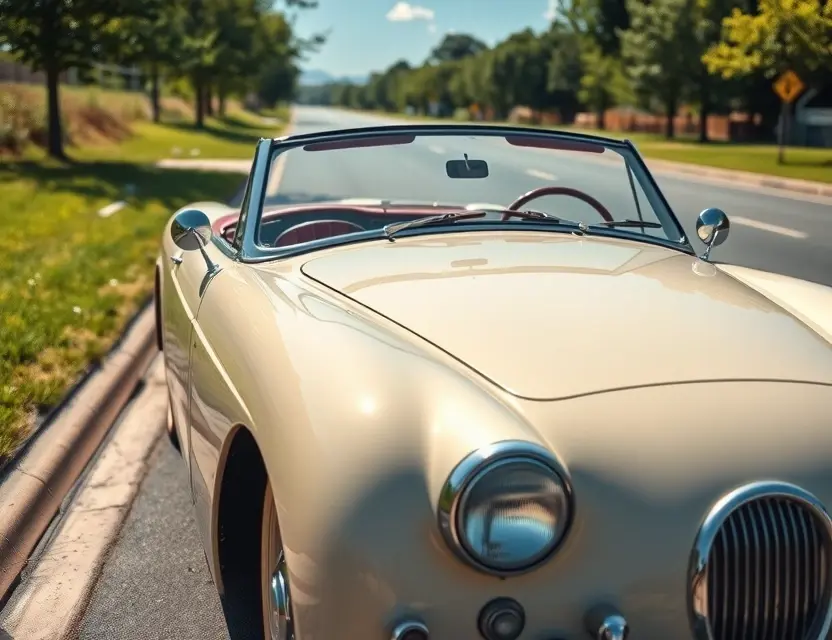 Предлагаем услугу по замене лобового стекла Auburn 851 Speedster A high-quality image of a classic 1960s Auburn Speedster car parked on a sunny roadside, with a close-up view of its front windshield being replaced by a professional glass technician, showing modern replacement glass fitting perfectly into the vintage car's frame, bright daylight, detailed car exterior and glass installation process
