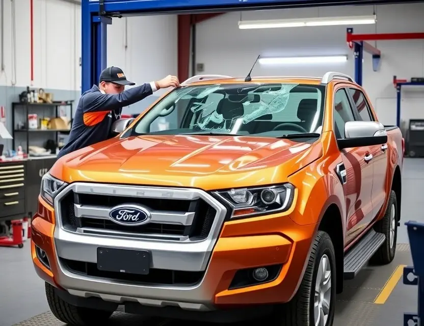 A Ford Ranger truck with a cracked windshield being replaced by a mechanic. The truck is parked on a service bay with tools and equipment visible. Focus on the replacement process.