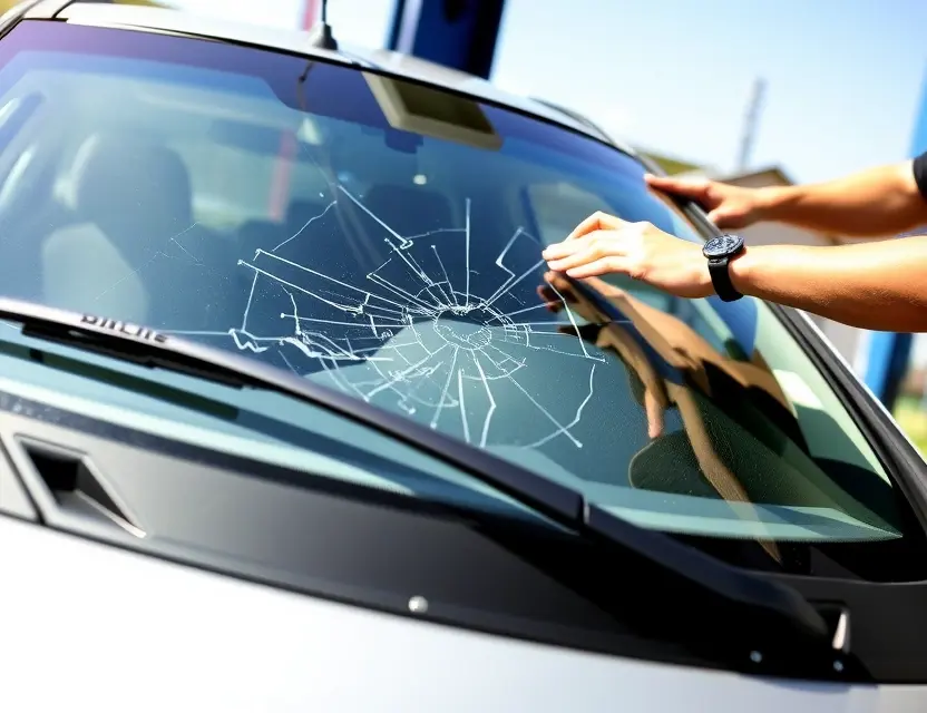 A Dacia Sandero with a cracked windshield being replaced by a mechanic. The car is parked outdoors on a sunny day. Focus on the replacement process, showing the mechanic working on the windshield.