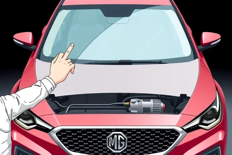 A detailed illustration of a mechanic replacing the windshield on an MG 6 PHEV 1.5T car, showing the front of the vehicle, the new glass panel, the mechanic's hands and tools, and a visible electric motor component, all in a realistic, high-resolution style.