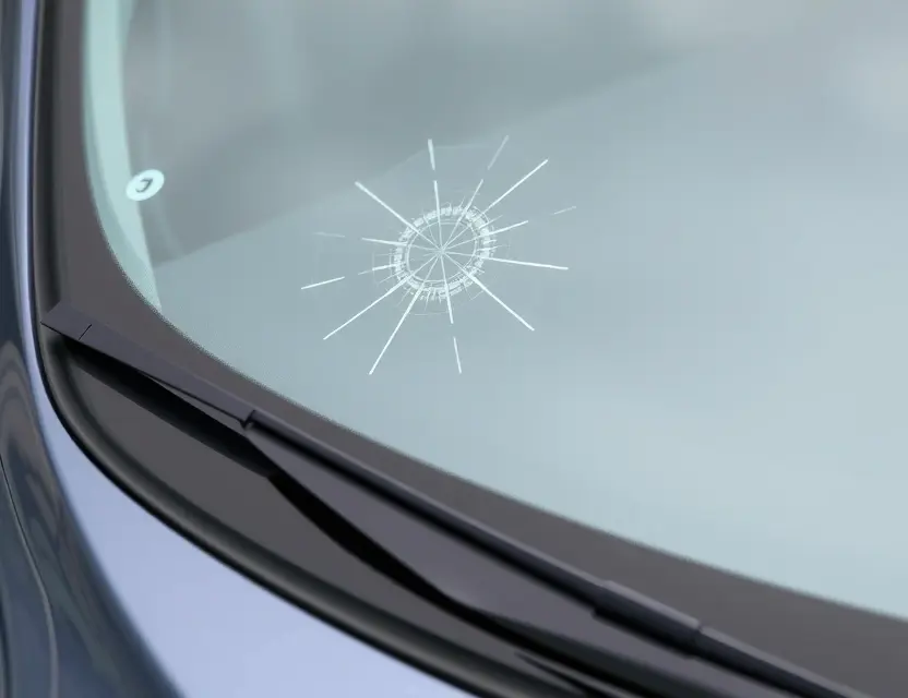 A close-up shot of a Hyundai Elantra with a cracked windshield, showing the area where the glass needs replacement. The car is parked on a clean, slightly reflective surface. Focus on the damaged windshield area.