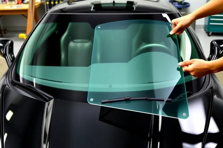 A detailed close-up of a Chevrolet Corvette C6 Z06 7.0 V8 LS7 505 with a newly installed windshield. The image shows the front of the car, the clear glass, the car's hood, and a mechanic's hands holding a new windshield panel. The background is a workshop with tools and a workbench. The focus is on the windshield replacement process, with the new glass visible and the old glass removed.