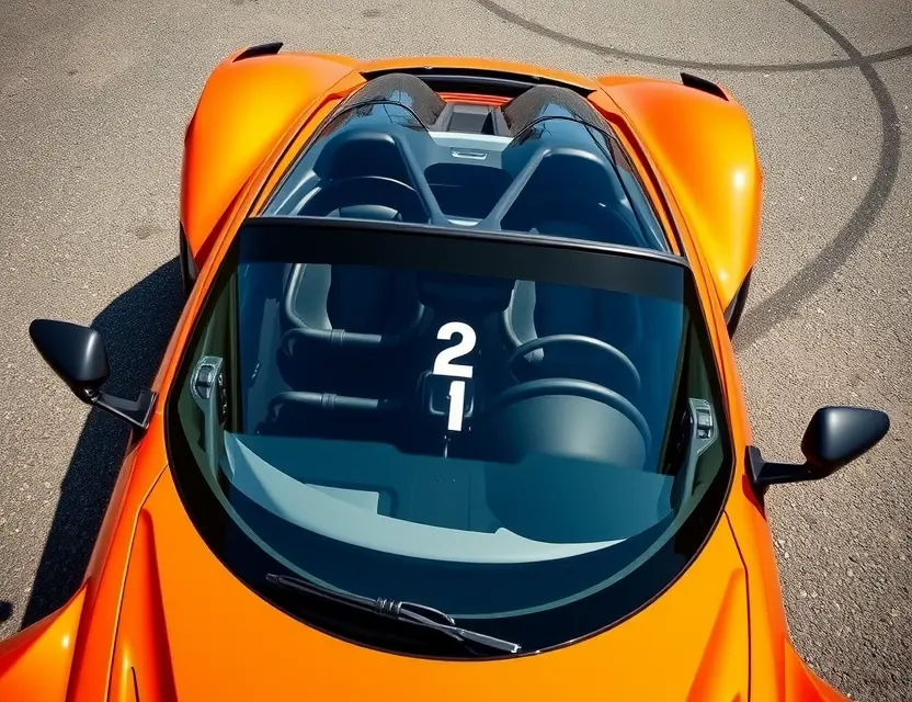 A high-quality image of a Donkervoort F22 with a replaced windshield. The car is parked on a clean, bright asphalt surface. The windshield is clear and undamaged. The car's exterior is detailed and showcases its sleek design. Focus on the replacement windshield as the main subject.
