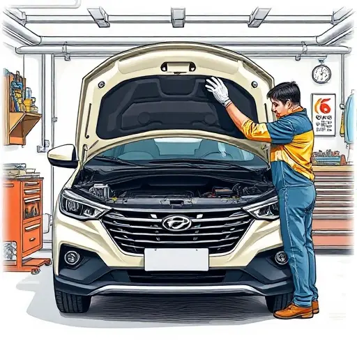 A detailed, high‑quality illustration of a mechanic in a garage replacing the windshield of a Baojun 560 1.8L 137 hp (2015–2018). The scene shows the car with its hood open, the old windshield removed and a new one being fitted. The mechanic, wearing gloves and a protective jacket, holds the new windshield and carefully aligns it with the car frame. The background includes a workbench, tools, and a clear view of the car’s front structure, all rendered in a realistic, small‑size high‑quality style.
