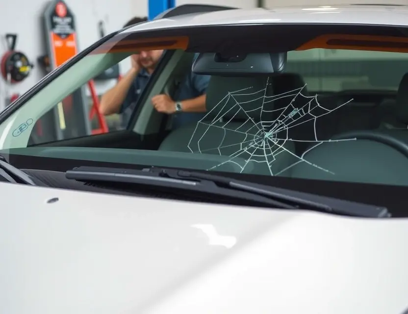 A Mercury vehicle with a cracked windshield undergoing a windshield replacement service. The scene should depict a mechanic working on the windshield, tools visible, and a clean garage environment. Focus on the replacement process.