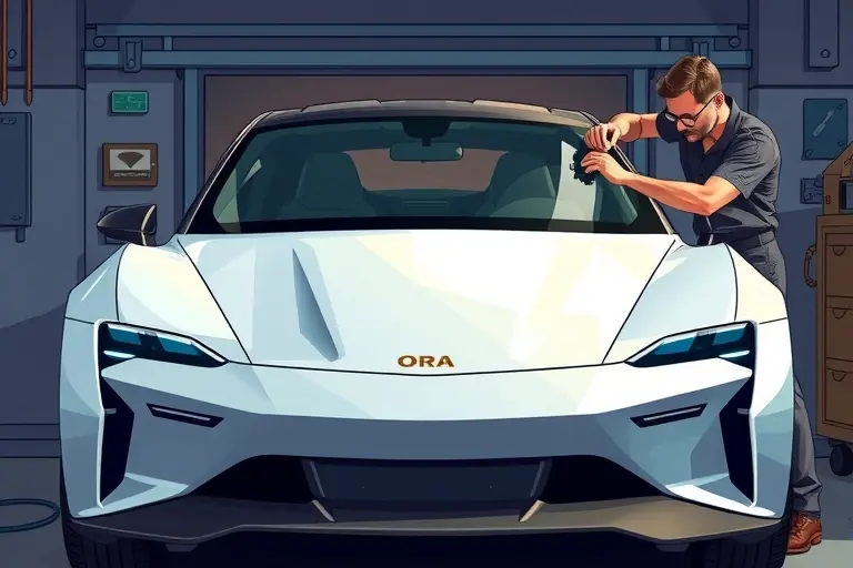 A detailed, realistic illustration of a mechanic replacing the windshield on an Ora Lightning Cat electric car with 204 horsepower. The scene shows the car's front profile, the new windshield being fitted, and the mechanic using tools, all in a workshop setting. The focus is on the car's design and the replacement process, with no text or lettering visible.