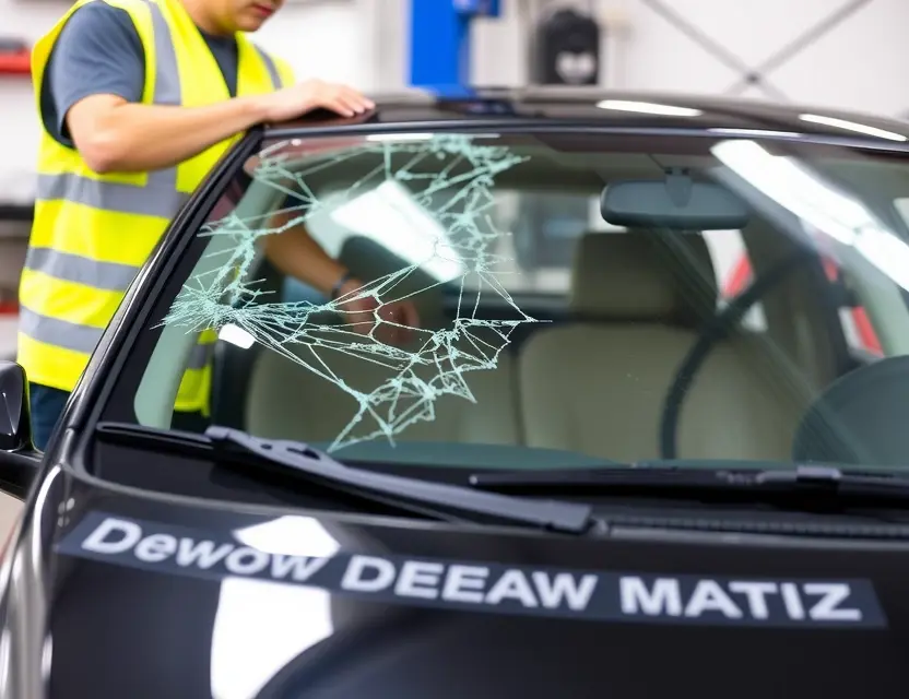A Daewoo Matiz with a cracked windshield being replaced by a mechanic. The mechanic is wearing a safety vest and gloves, and the new windshield is being installed. The background shows a garage or workshop setting.