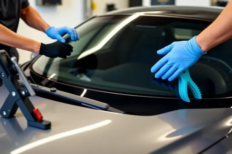A detailed close-up of a mechanic replacing the windshield on a Noble M12 3.0 V6 Twin Turbo 425 hp, showing the car's sleek body, the new glass panel, and the tools used, set in a clean garage environment.