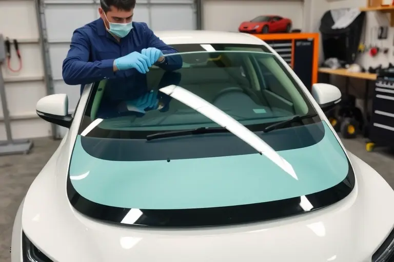 A skilled mechanic in a clean workshop, wearing gloves and a protective mask, carefully removing the old windshield from the front of a modern LTI TX PHEV 1.5 electric vehicle. The car’s front is visible with the hood slightly open, and the mechanic uses a specialized tool to lift the glass. The new windshield is displayed on a clean surface, ready for installation. The background shows a well‑organized garage with tools and a workbench, emphasizing precision, safety, and automotive repair.