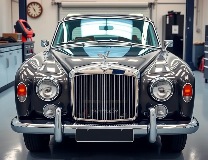 A pristine classic Bentley S2 parked in a professional automotive workshop, featuring a newly installed, crystal-clear windshield with no visible cracks or chips. The car is shown from a front three-quarter angle, highlighting the elegant chrome grille, round headlights, and the seamless integration of the new glass. The background shows a clean, well-lit garage environment with soft lighting reflecting off the polished bodywork and the new windshield, emphasizing high-quality craftsmanship and