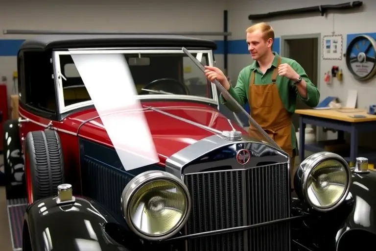 A vintage 1932 Packard Twelve car with its hood open, a mechanic in a work apron holding a new windshield, tools such as a suction cup, a windshield wiper, and a workbench in a garage setting, showing the process of replacing the windshield.